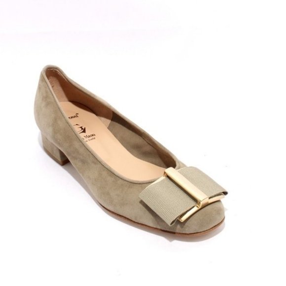 ITALIAN Khaki Suede Leather Gold Bow Shoes - Picture 1 of 8